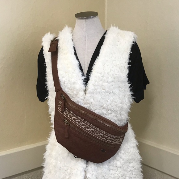 Boho Vegan Leather Mini Belt Bag Fanny Brown - Picture 4 of 9